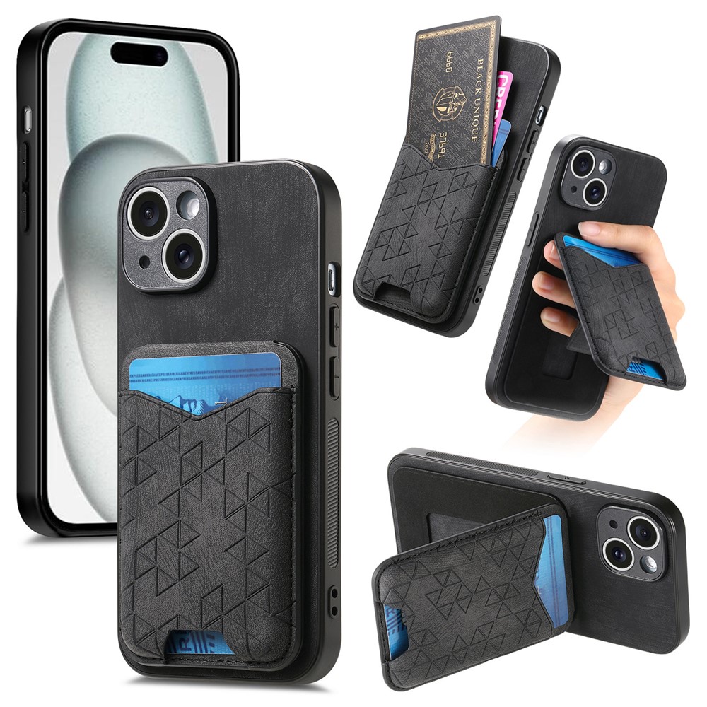 For iPhone 15 Case Imprinted Pattern Card Holder Kickstand Leather Back Cover - Black