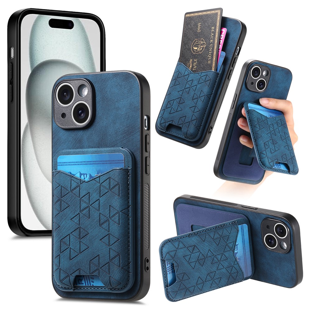 For iPhone 15 Case Imprinted Pattern Card Holder Kickstand Leather Back Cover - Blue