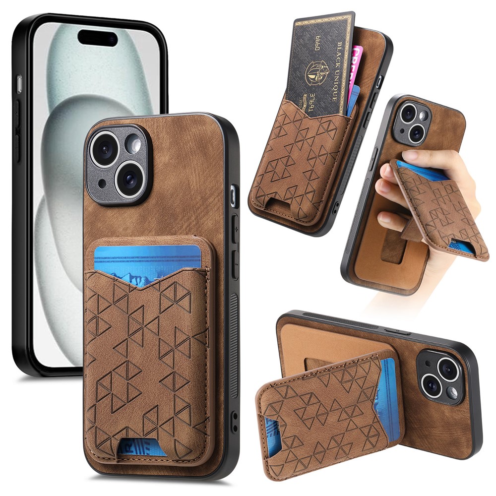 For iPhone 15 Case Imprinted Pattern Card Holder Kickstand Leather Back Cover - Brown