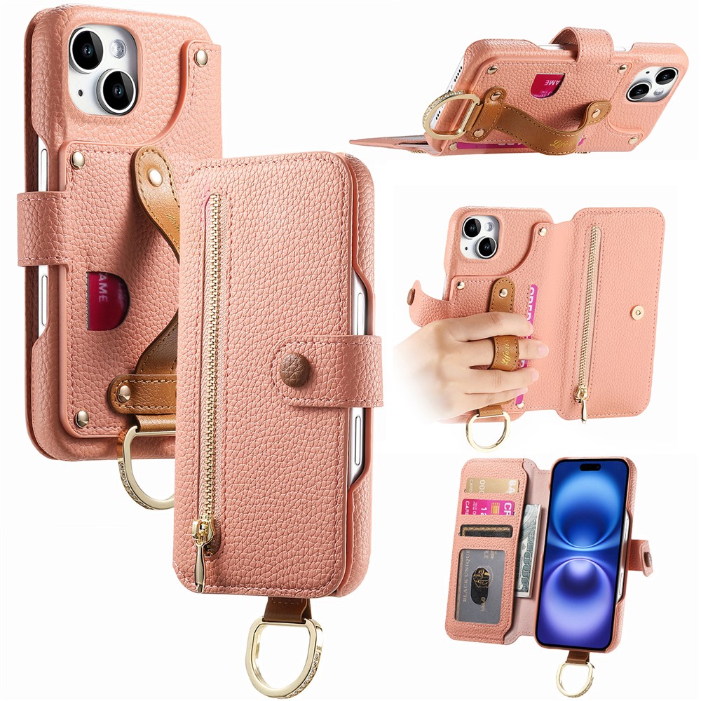For iPhone 13 Case RFID Blocking Zipper Wallet PU Leather Mobile Cover - Pink