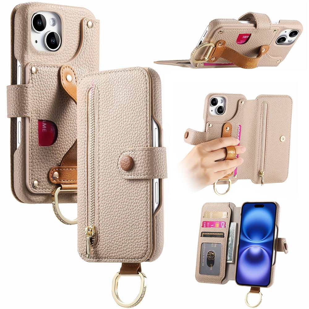 For iPhone 13 Case RFID Blocking Zipper Wallet PU Leather Mobile Cover - Khaki