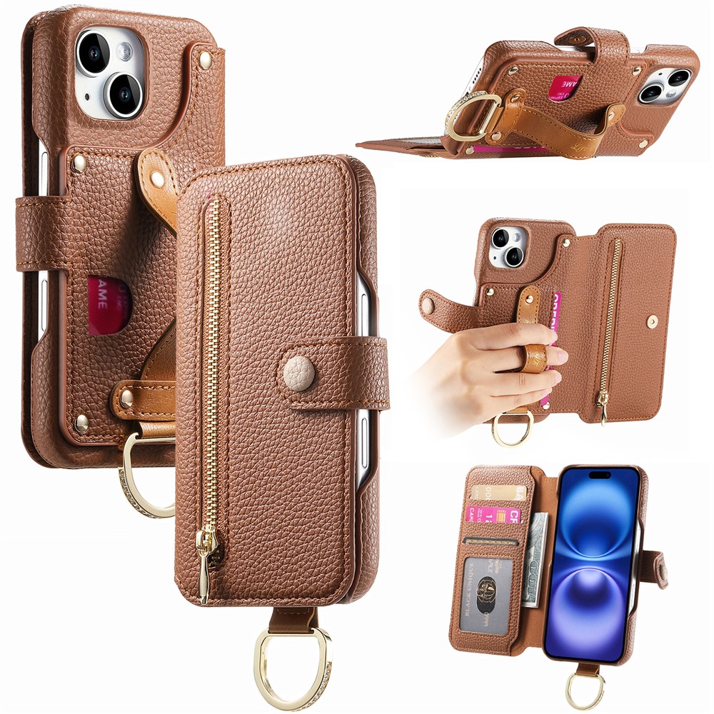 For iPhone 13 Case RFID Blocking Zipper Wallet PU Leather Mobile Cover - Brown