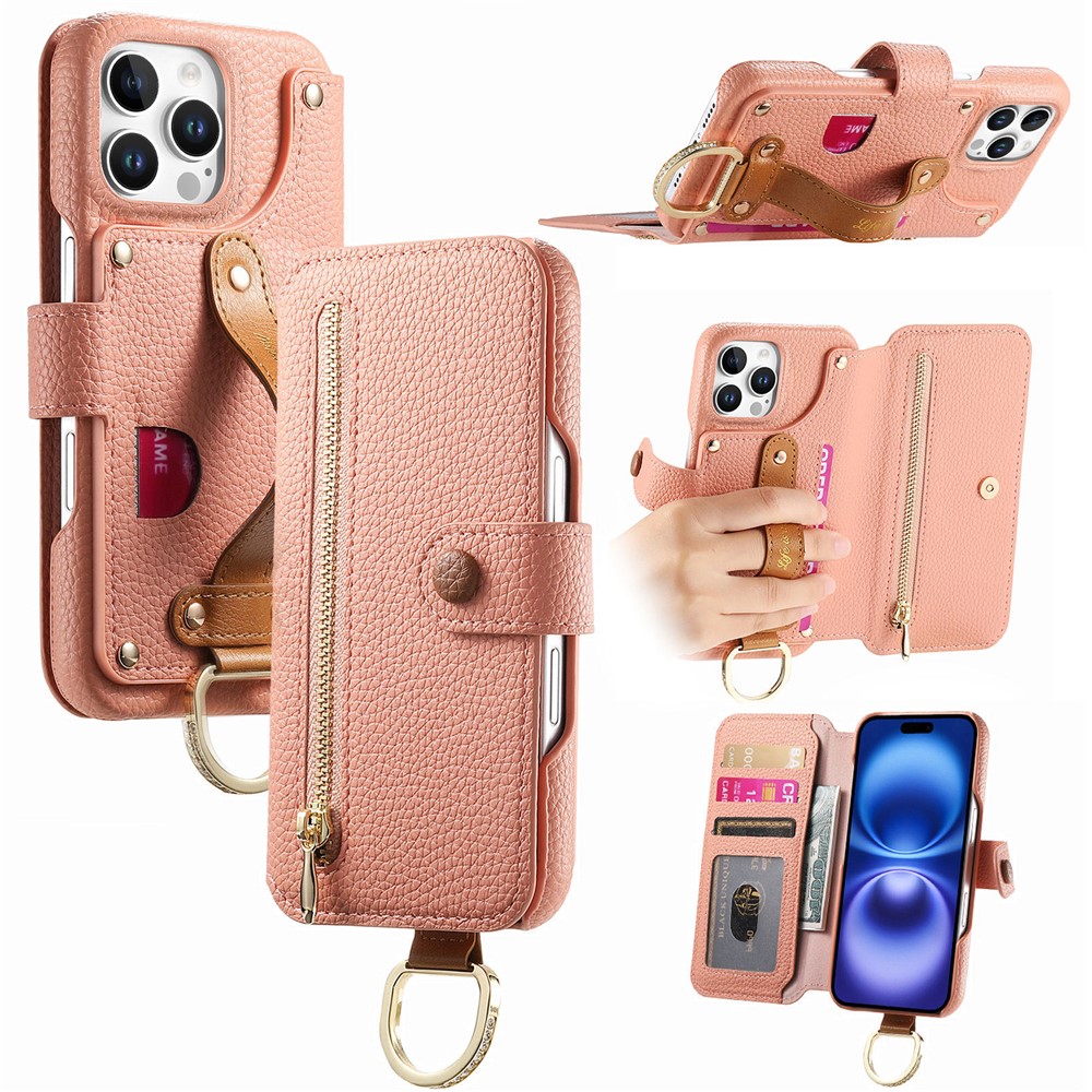 For iPhone 14 Pro Max Case RFID Blocking Zipper Wallet PU Leather Mobile Cover - Pink