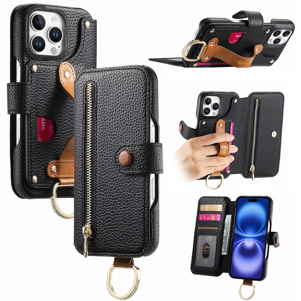 For iPhone 14 Pro Max Case RFID Blocking Zipper Wallet PU Leather Mobile Cover - Black