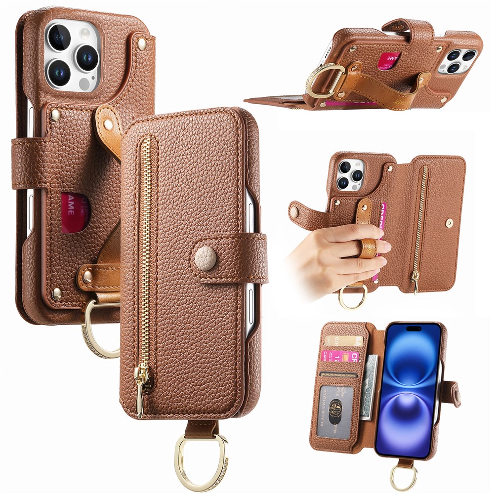 For iPhone 14 Pro Case RFID Blocking Zipper Wallet PU Leather Mobile Cover - Brown