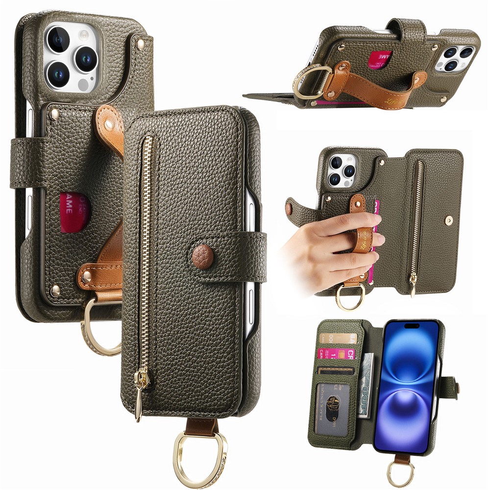 For iPhone 14 Pro Case RFID Blocking Zipper Wallet PU Leather Mobile Cover - Green