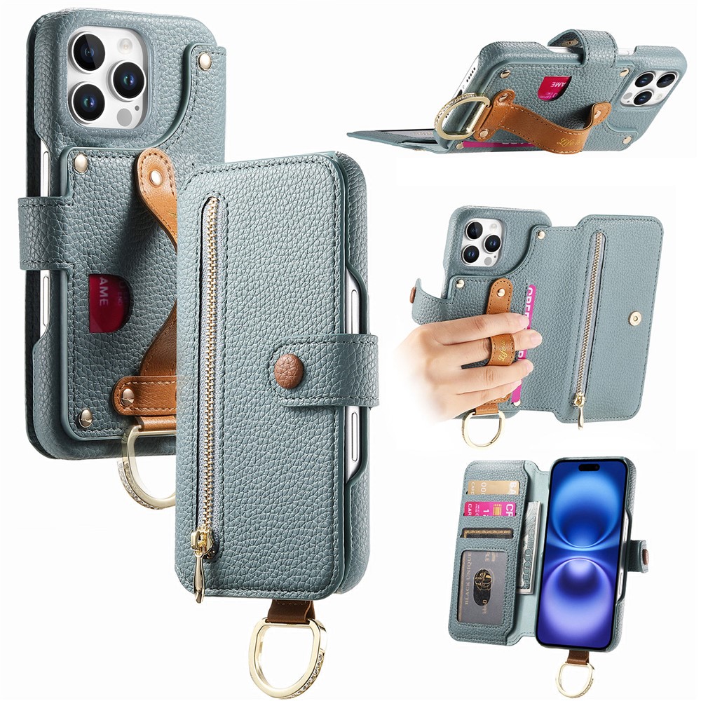 For iPhone 14 Pro Case RFID Blocking Zipper Wallet PU Leather Mobile Cover - Blue