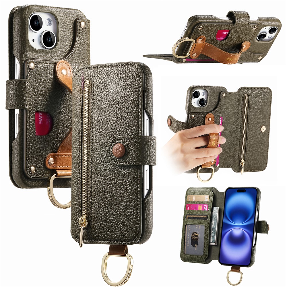 For iPhone 14 Case RFID Blocking Zipper Wallet PU Leather Mobile Cover - Green