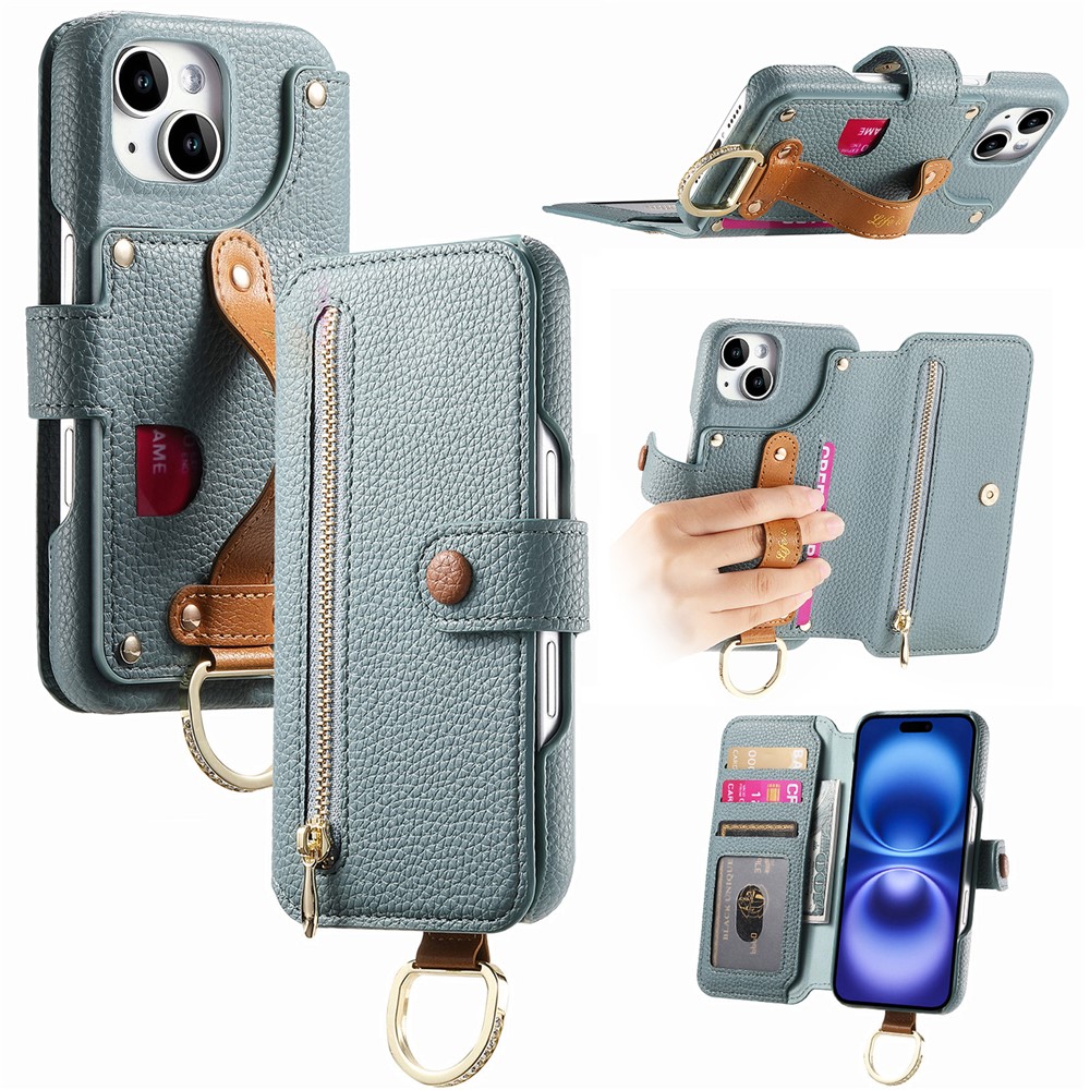 For iPhone 14 Case RFID Blocking Zipper Wallet PU Leather Mobile Cover - Blue