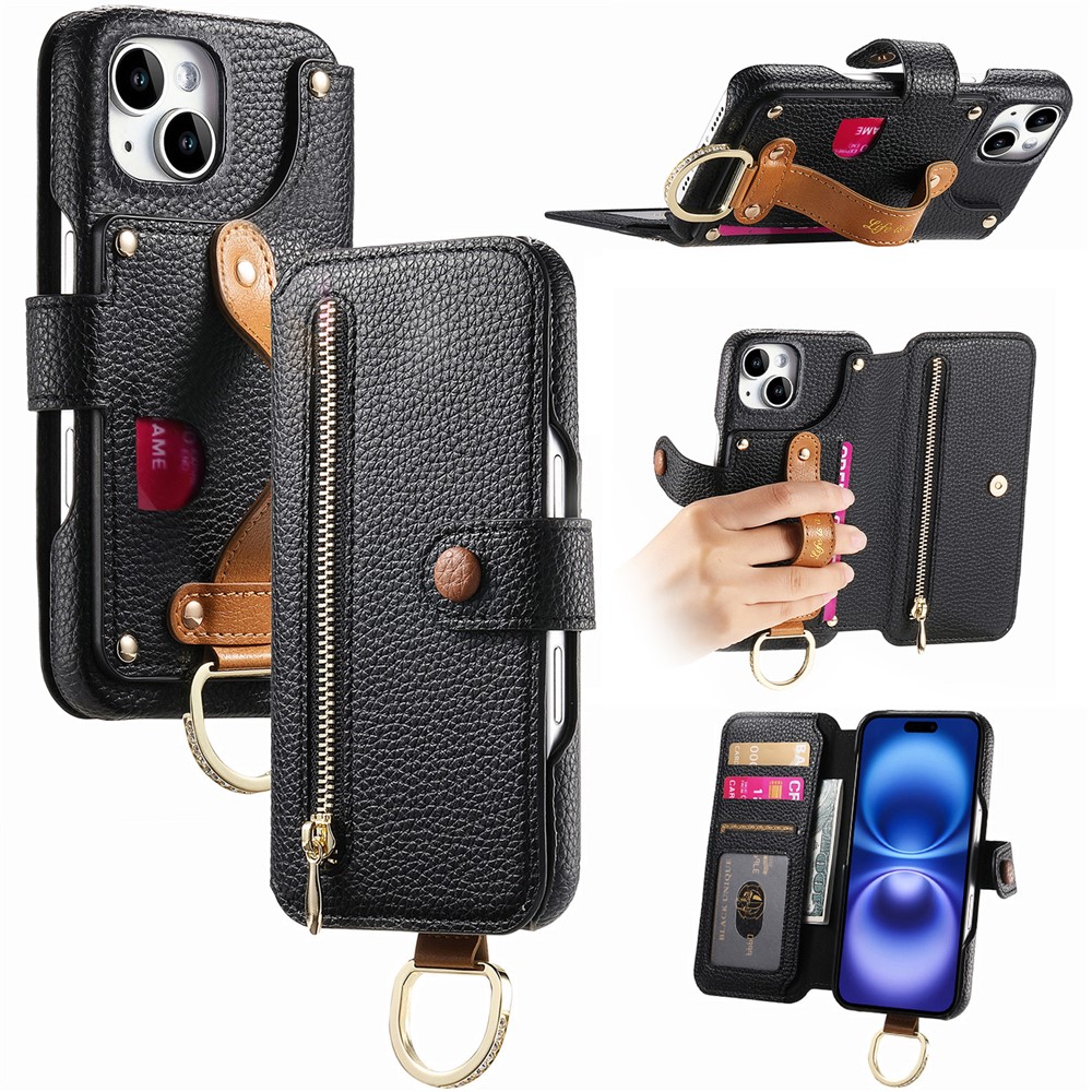 For iPhone 15 Case RFID Blocking Zipper Wallet PU Leather Mobile Cover - Black
