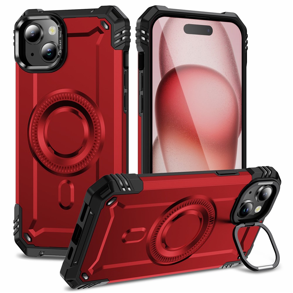 For iPhone 15 Case Compatible with MagSafe Metal Lens Frame Kickstand PC+TPU Mobile Cover - Red