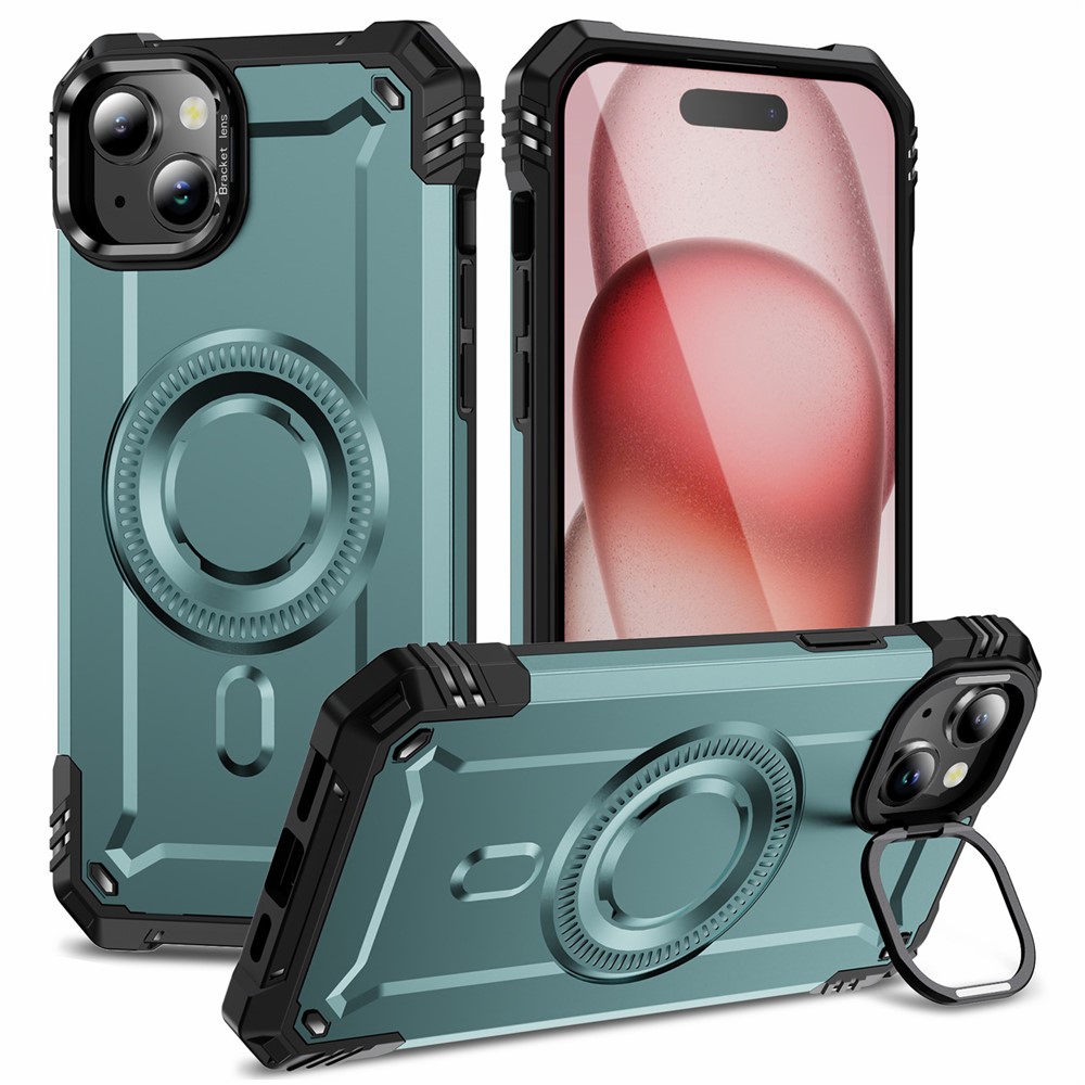 For iPhone 15 Case Compatible with MagSafe Metal Lens Frame Kickstand PC+TPU Mobile Cover - Grey Green
