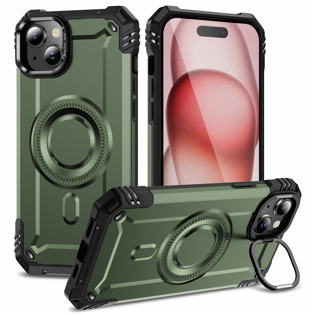 For iPhone 15 Case Compatible with MagSafe Metal Lens Frame Kickstand PC+TPU Mobile Cover - Army Green