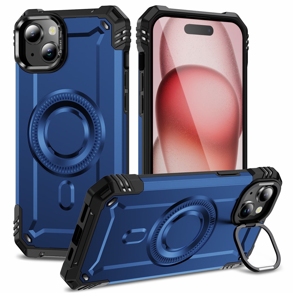 For iPhone 15 Case Compatible with MagSafe Metal Lens Frame Kickstand PC+TPU Mobile Cover - Sapphire