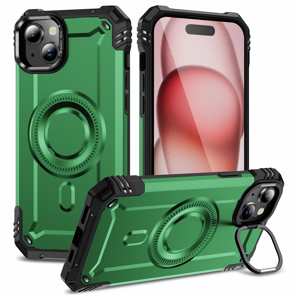 For iPhone 15 Case Compatible with MagSafe Metal Lens Frame Kickstand PC+TPU Mobile Cover - Green