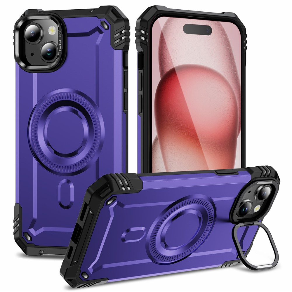 For iPhone 15 Case Compatible with MagSafe Metal Lens Frame Kickstand PC+TPU Mobile Cover - Purple