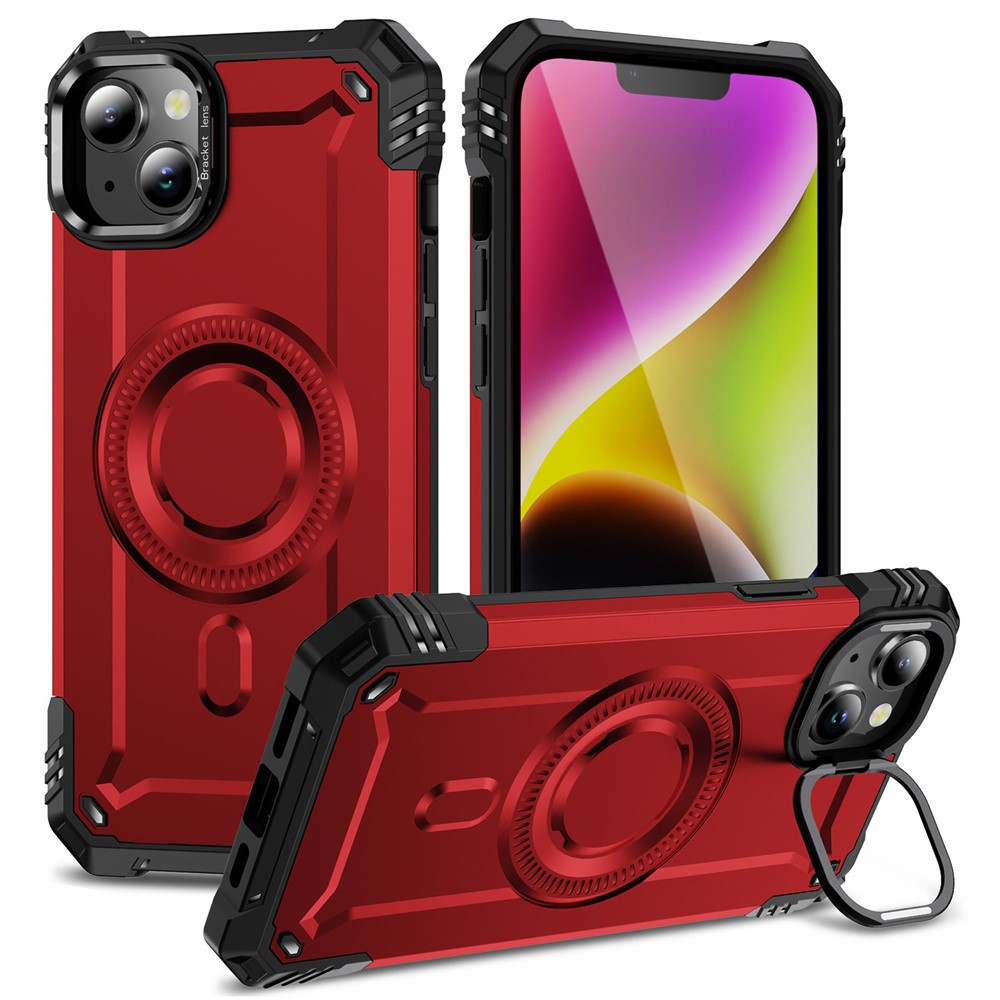 For iPhone 14 Case Compatible with MagSafe Metal Lens Frame Kickstand PC+TPU Mobile Cover - Red