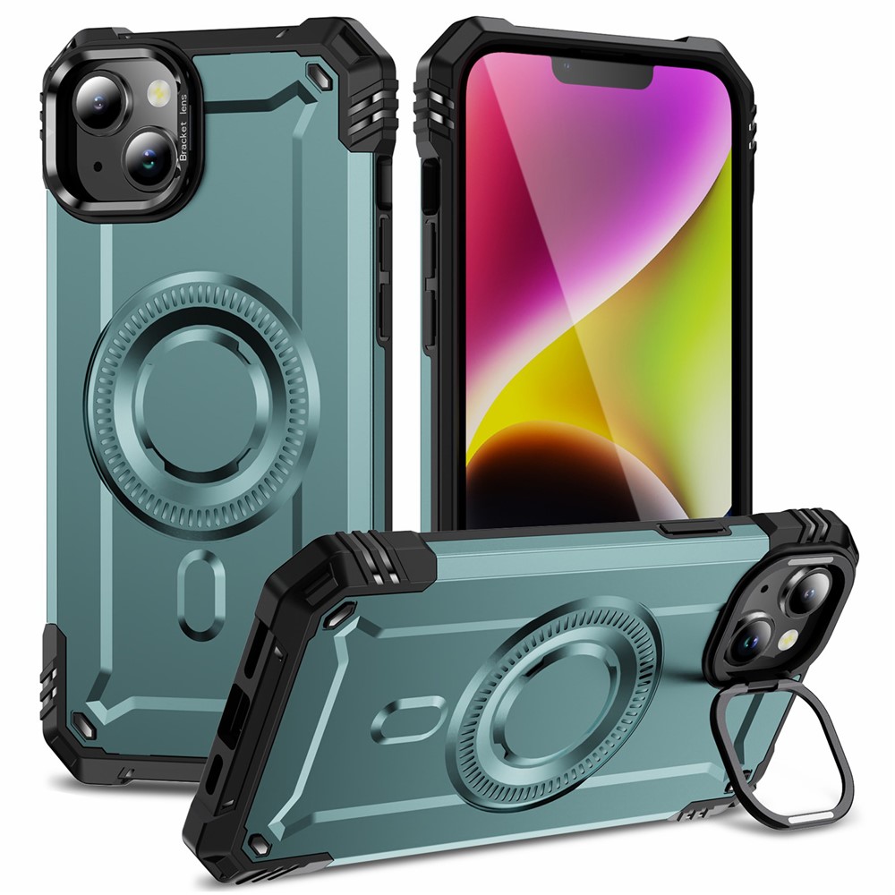 For iPhone 14 Case Compatible with MagSafe Metal Lens Frame Kickstand PC+TPU Mobile Cover - Grey Green