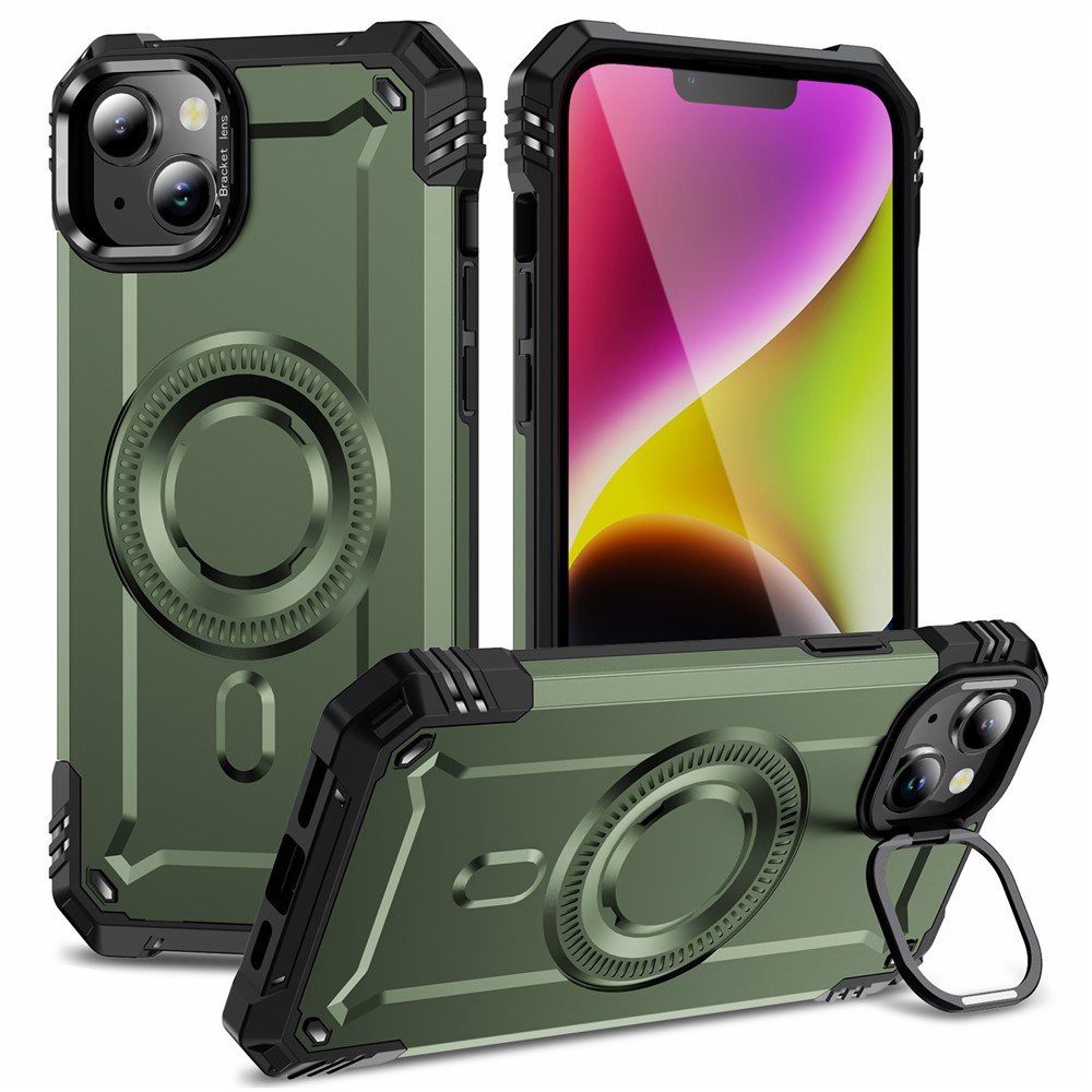 For iPhone 14 Case Compatible with MagSafe Metal Lens Frame Kickstand PC+TPU Mobile Cover - Army Green