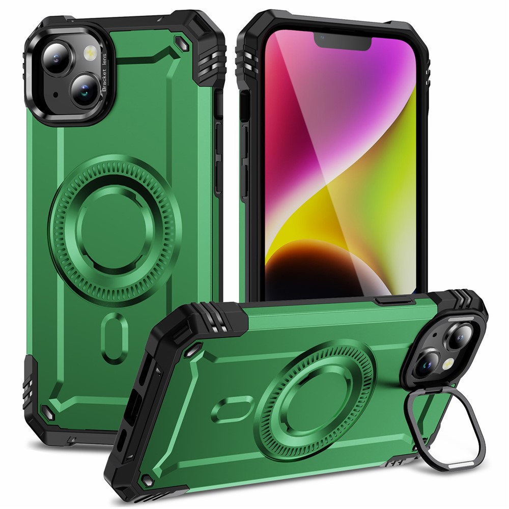 For iPhone 14 Case Compatible with MagSafe Metal Lens Frame Kickstand PC+TPU Mobile Cover - Green
