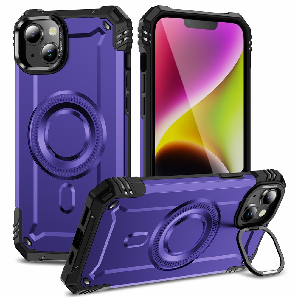 For iPhone 14 Case Compatible with MagSafe Metal Lens Frame Kickstand PC+TPU Mobile Cover - Purple