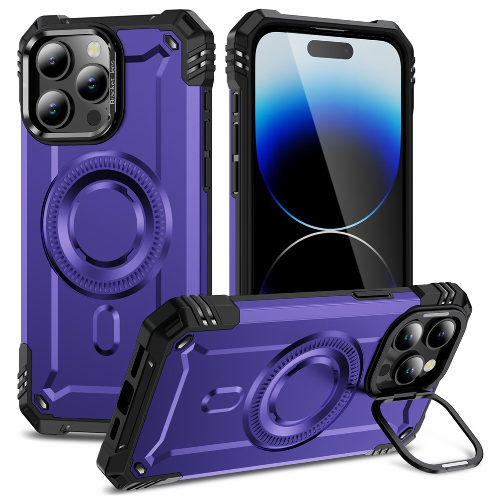 For iPhone 14 Pro Case Compatible with MagSafe Metal Lens Frame Kickstand PC+TPU Mobile Cover - Purple