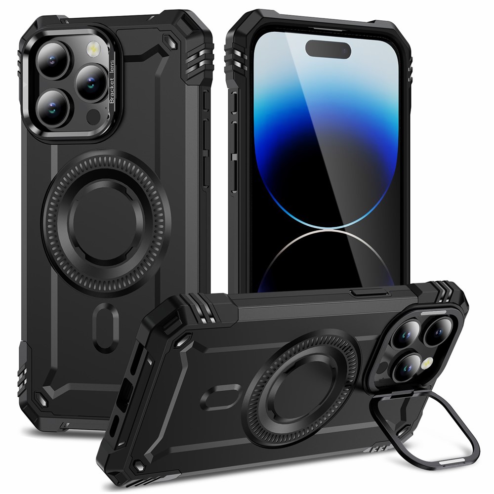 For iPhone 14 Pro Max Case Compatible with MagSafe Metal Lens Frame Kickstand PC+TPU Mobile Cover - Black