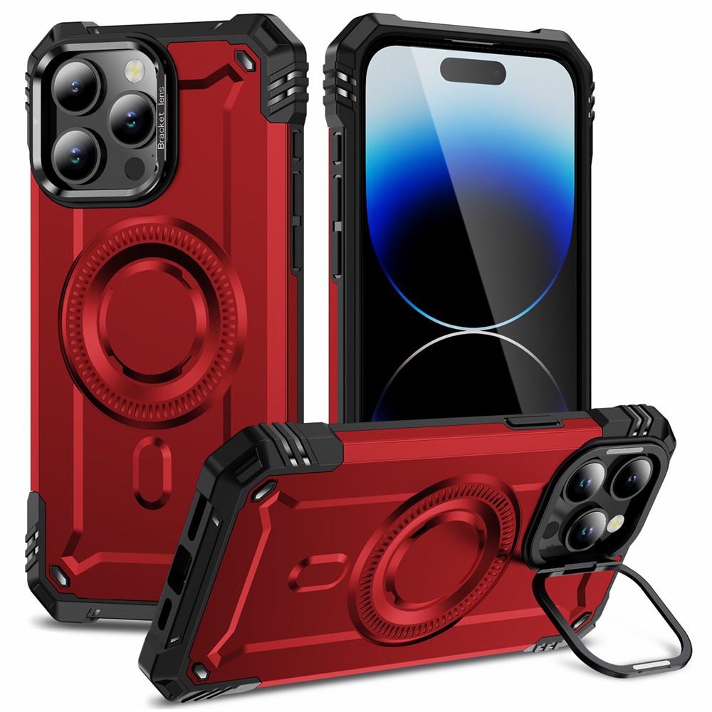 For iPhone 14 Pro Max Case Compatible with MagSafe Metal Lens Frame Kickstand PC+TPU Mobile Cover - Red