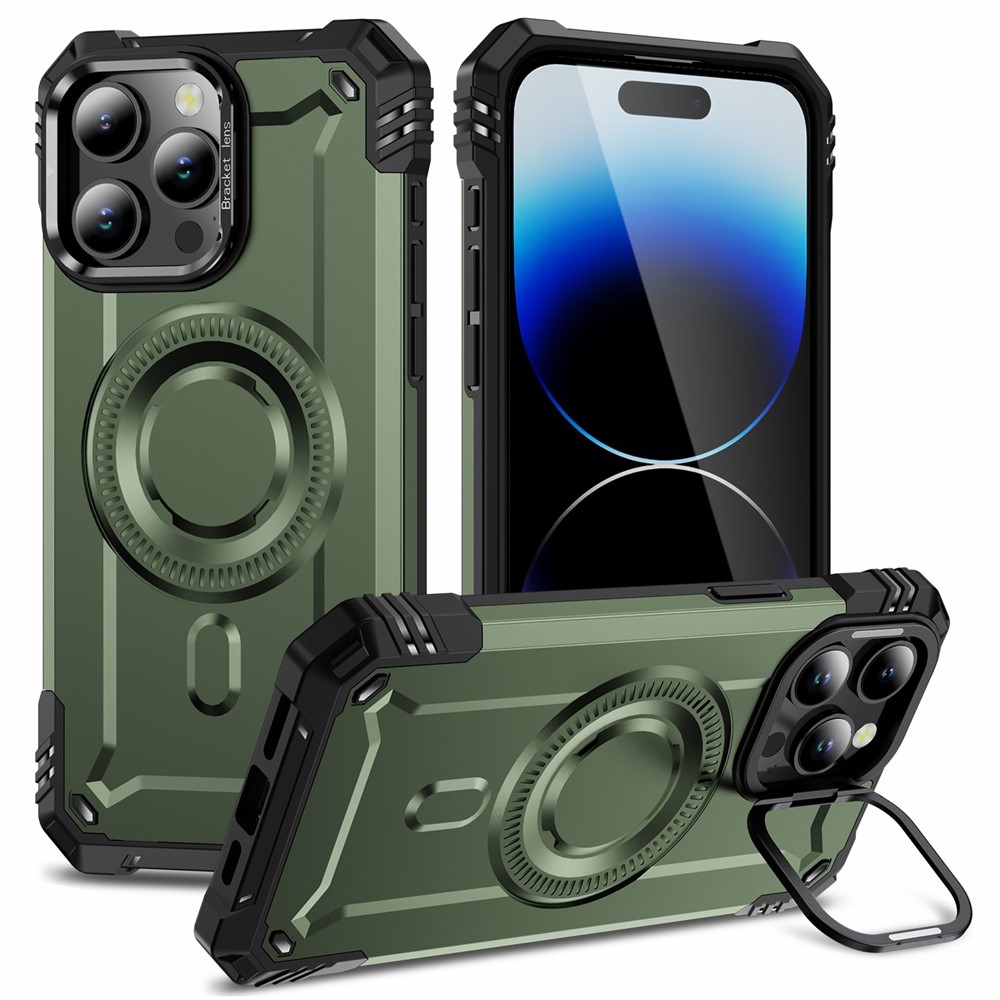 For iPhone 14 Pro Max Case Compatible with MagSafe Metal Lens Frame Kickstand PC+TPU Mobile Cover - Army Green