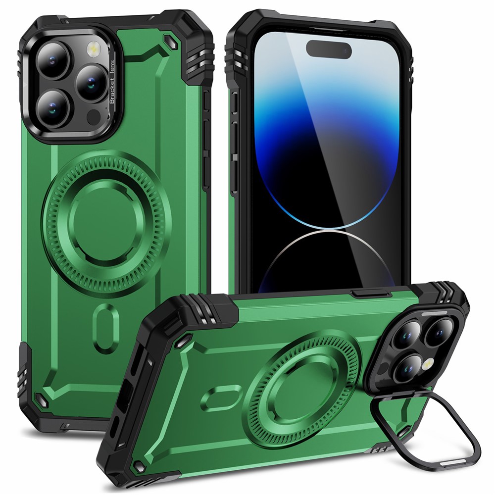 For iPhone 14 Pro Max Case Compatible with MagSafe Metal Lens Frame Kickstand PC+TPU Mobile Cover - Green
