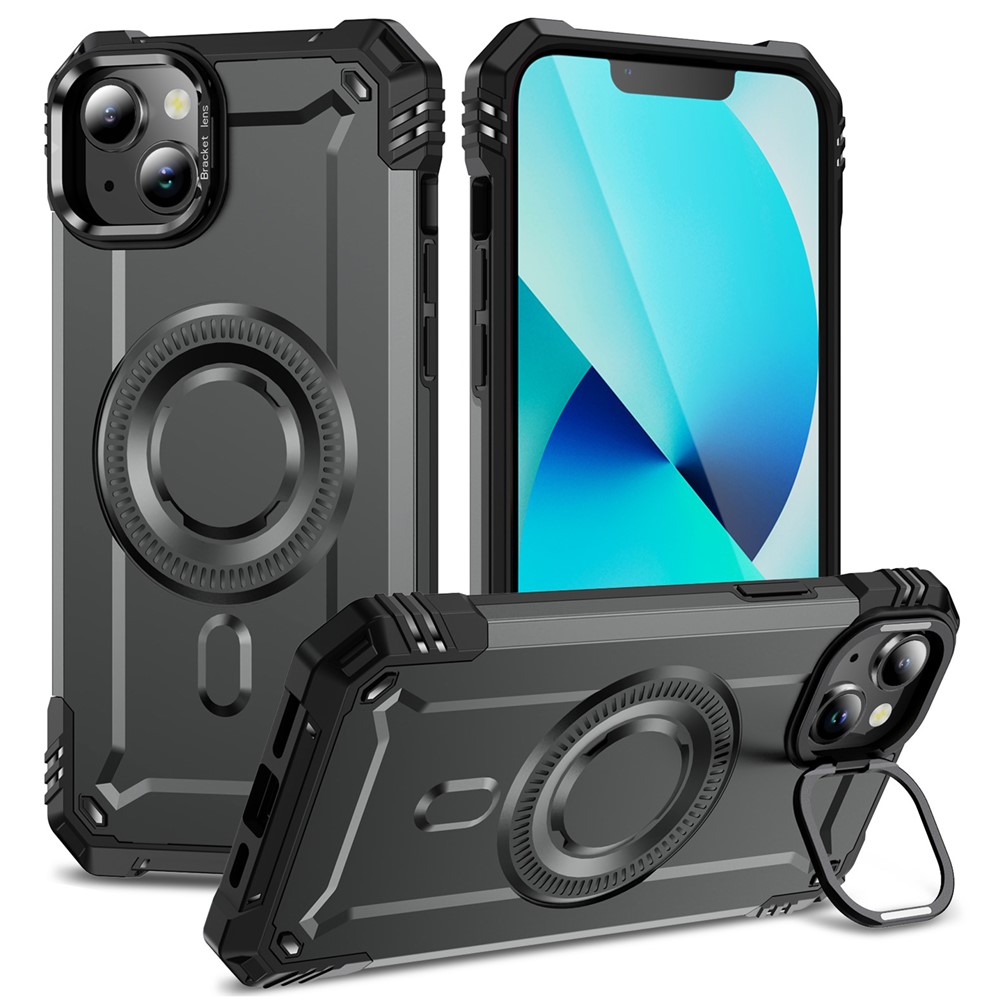 For iPhone 13 Case Compatible with MagSafe Metal Lens Frame Kickstand PC+TPU Mobile Cover - Grey