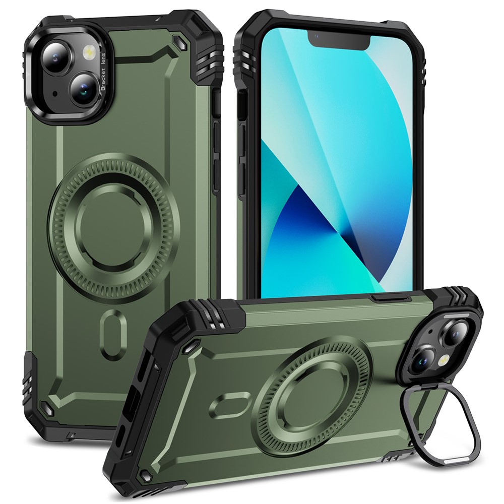 For iPhone 13 Case Compatible with MagSafe Metal Lens Frame Kickstand PC+TPU Mobile Cover - Army Green