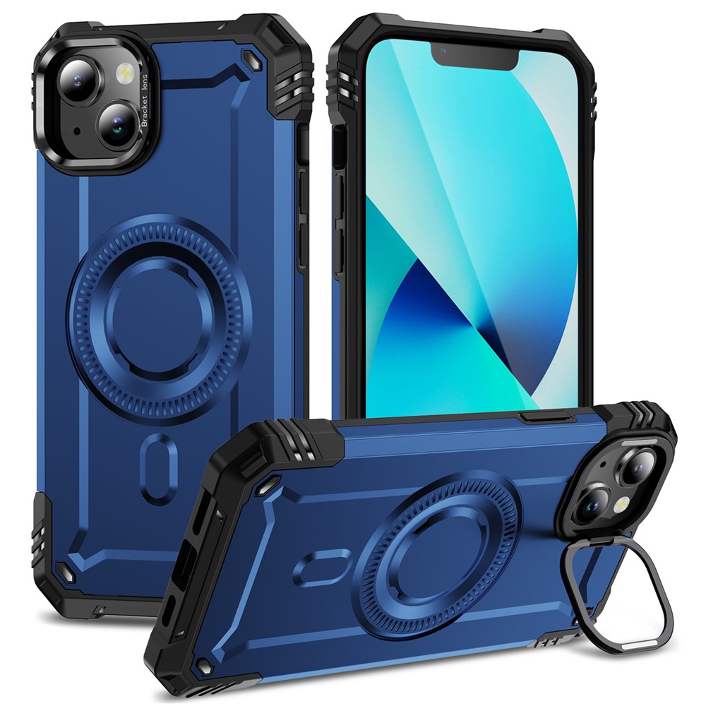 For iPhone 13 Case Compatible with MagSafe Metal Lens Frame Kickstand PC+TPU Mobile Cover - Sapphire