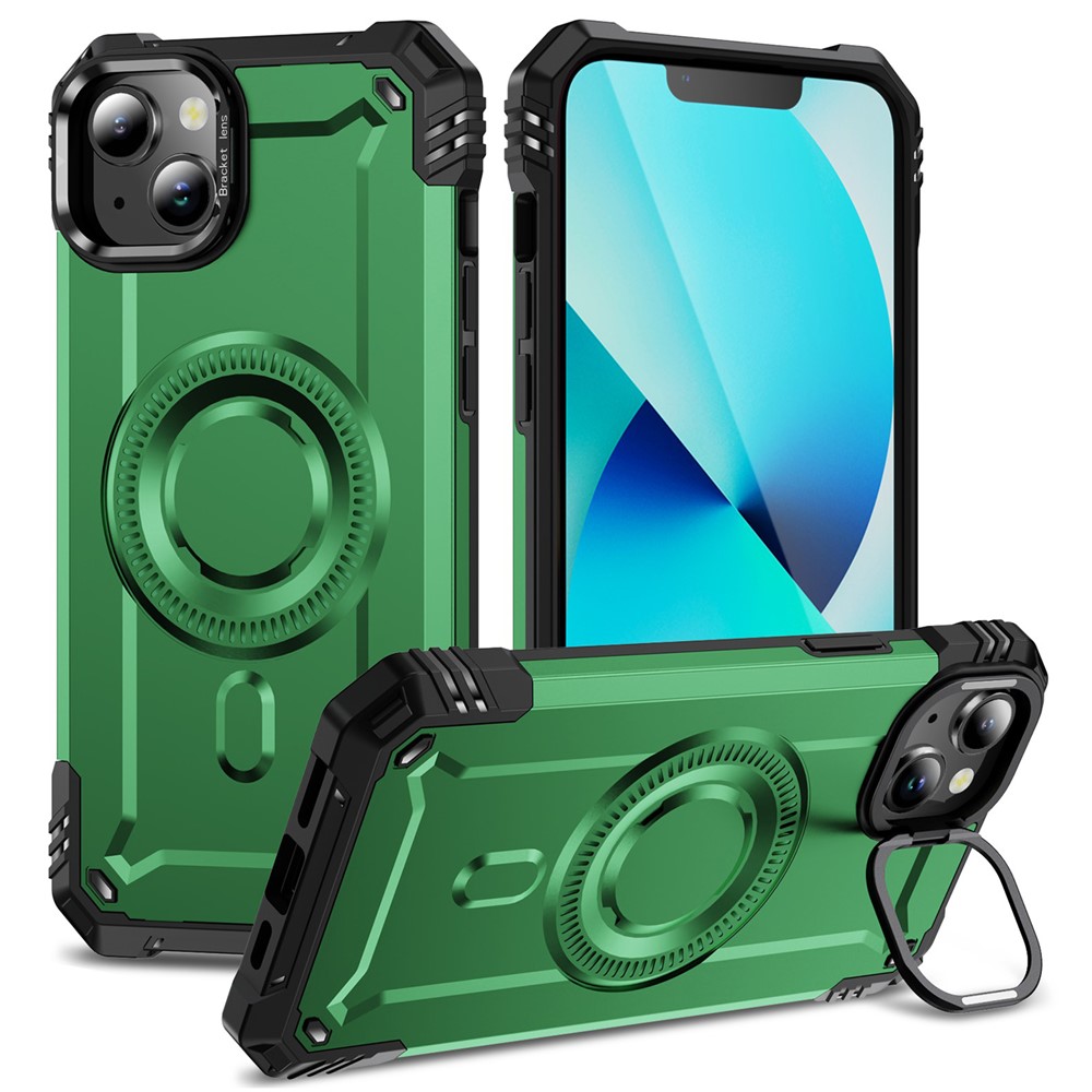 For iPhone 13 Case Compatible with MagSafe Metal Lens Frame Kickstand PC+TPU Mobile Cover - Green