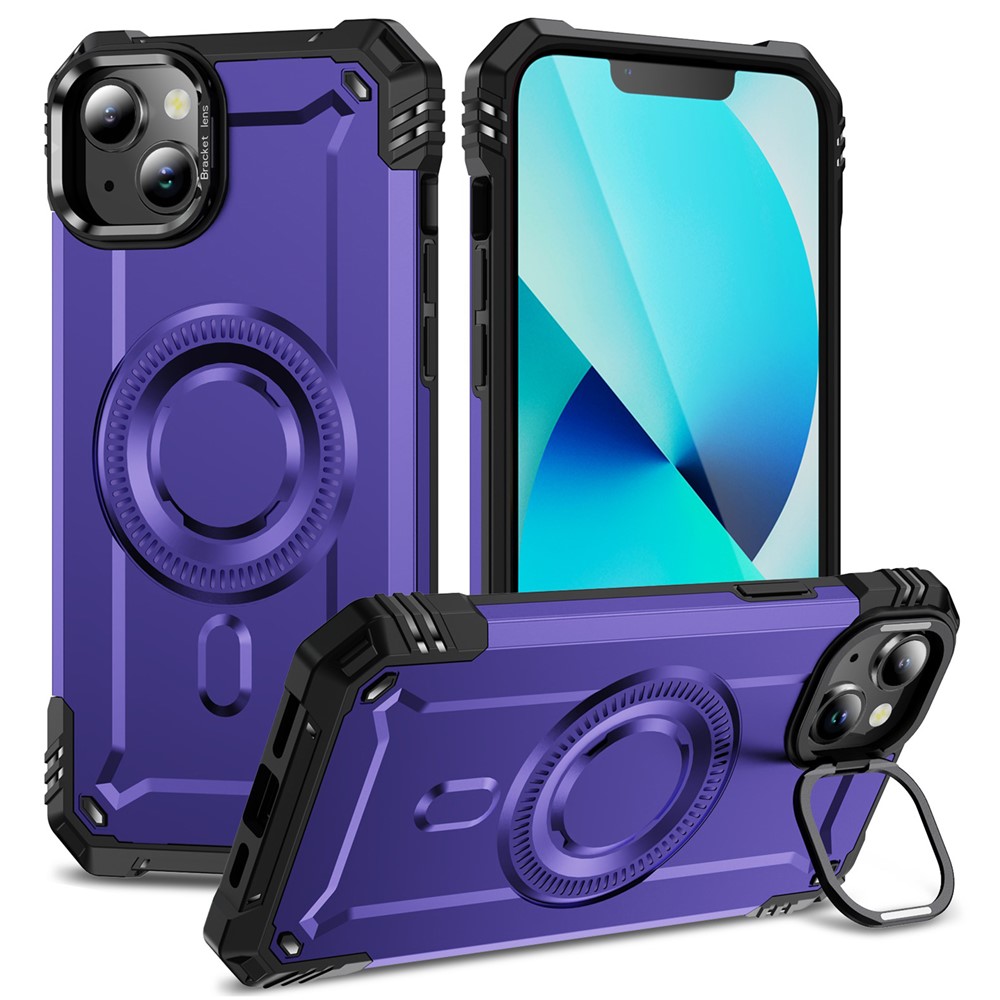 For iPhone 13 Case Compatible with MagSafe Metal Lens Frame Kickstand PC+TPU Mobile Cover - Purple