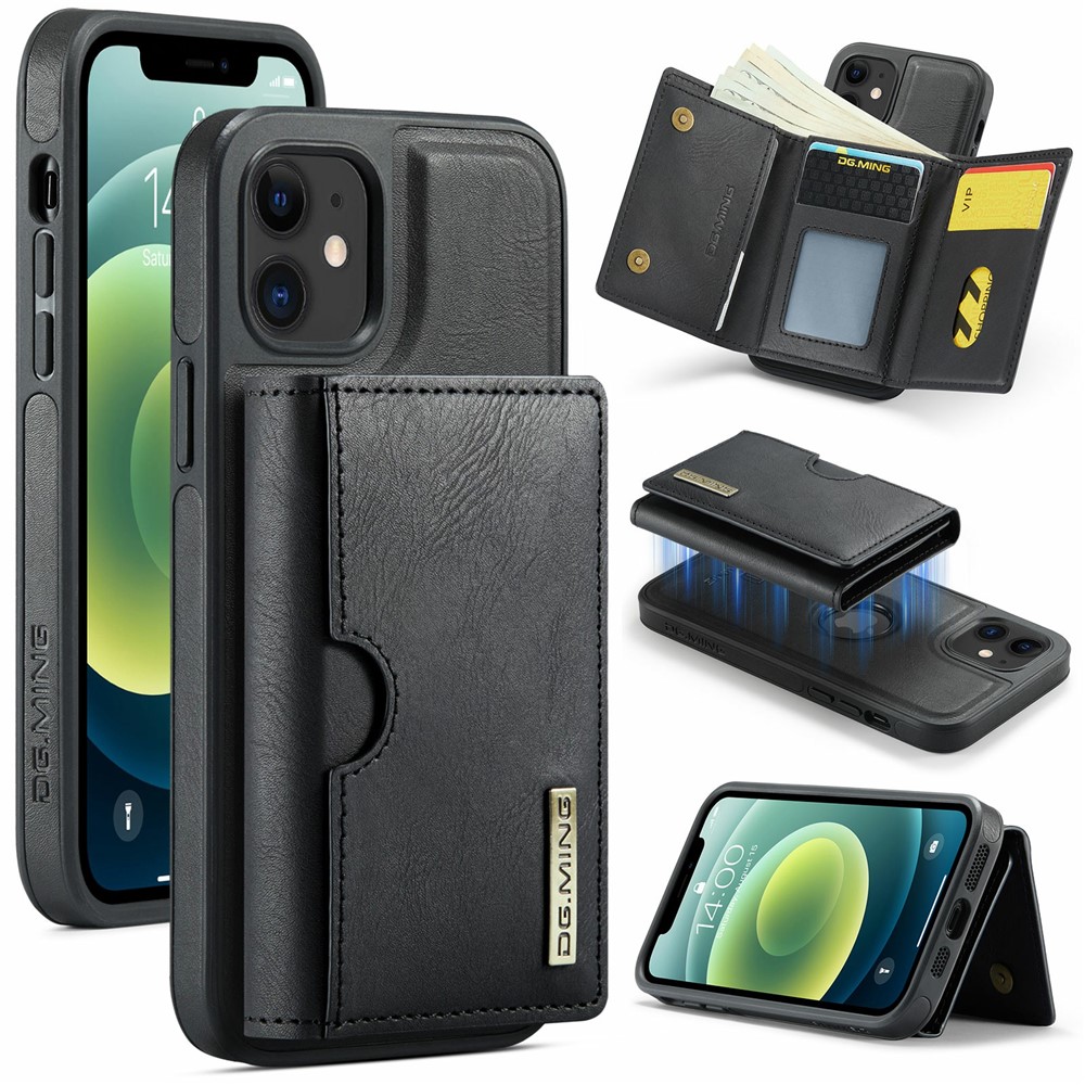 DG.MING M6 Series For iPhone 12 / 12 Pro Case Magnetic Wallet PU+PC+TPU Phone Cover - Black