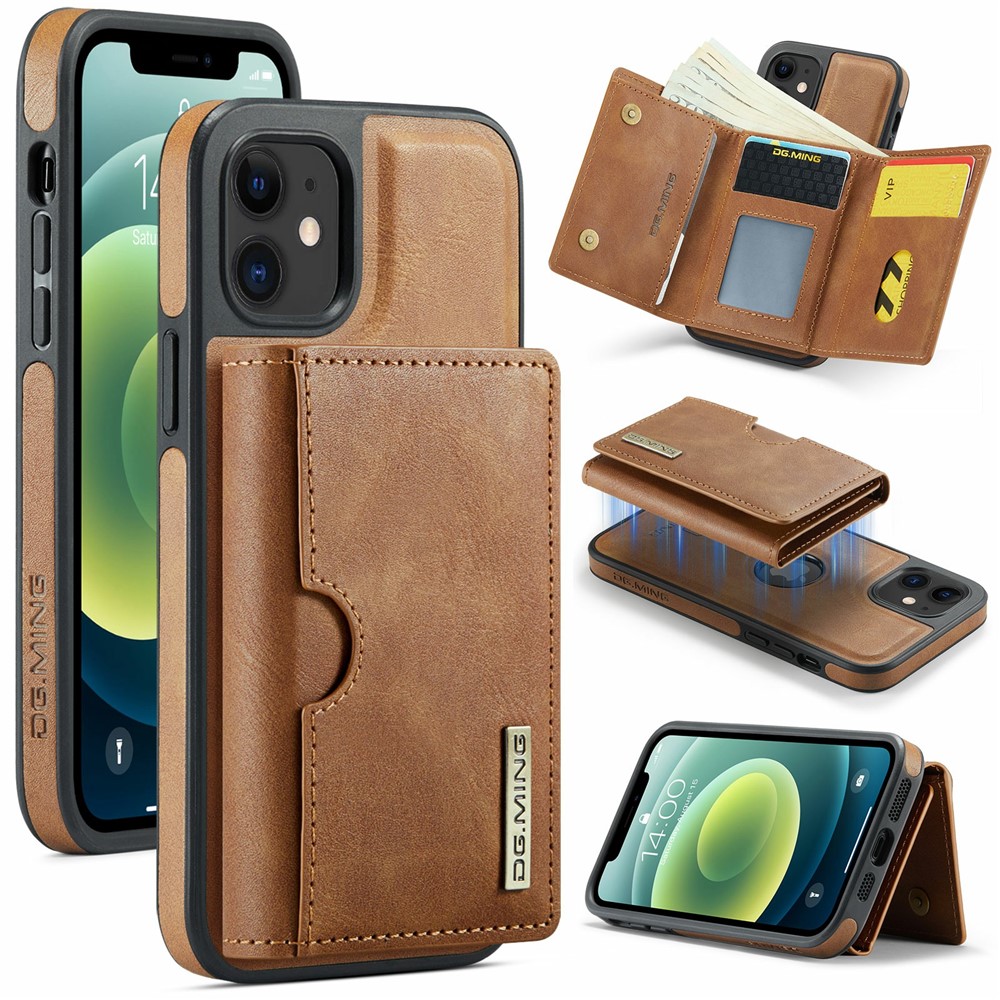 DG.MING M6 Series For iPhone 12 / 12 Pro Case Magnetic Wallet PU+PC+TPU Phone Cover - Brown
