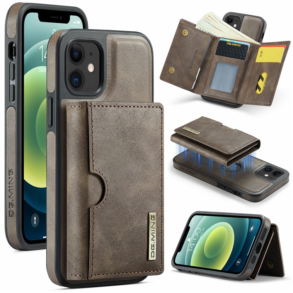 DG.MING M6 Series For iPhone 12 / 12 Pro Case Magnetic Wallet PU+PC+TPU Phone Cover - Coffee