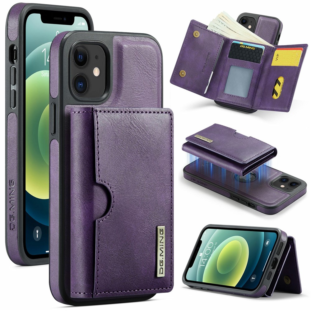 DG.MING M6 Series For iPhone 12 / 12 Pro Case Magnetic Wallet PU+PC+TPU Phone Cover - Purple