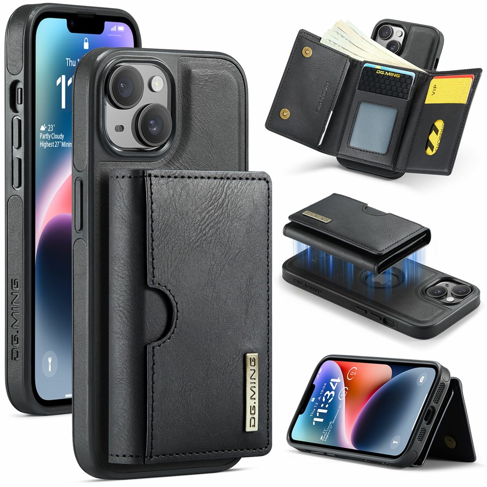 DG.MING M6 Series For iPhone 13 Case Magnetic Wallet PU+PC+TPU Phone Cover - Black
