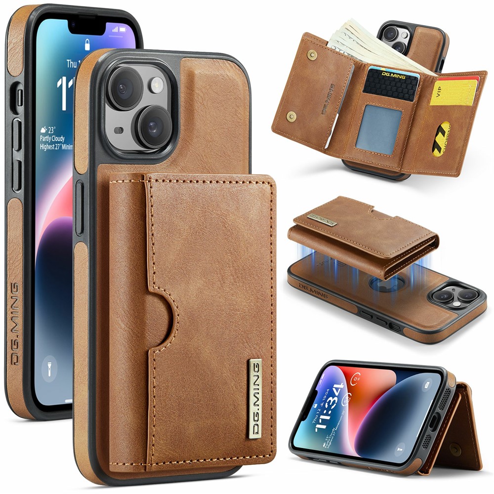 DG.MING M6 Series For iPhone 13 Case Magnetic Wallet PU+PC+TPU Phone Cover - Brown