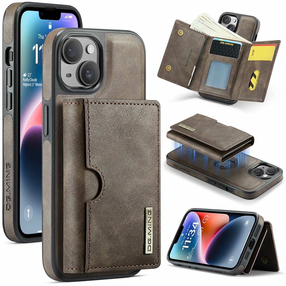 DG.MING M6 Series For iPhone 13 Case Magnetic Wallet PU+PC+TPU Phone Cover - Coffee