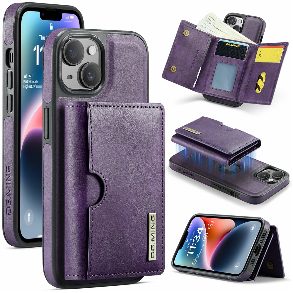 DG.MING M6 Series For iPhone 13 Case Magnetic Wallet PU+PC+TPU Phone Cover - Purple