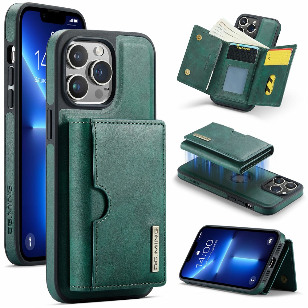 DG.MING M6 Series For iPhone 13 Pro Case Magnetic Wallet PU+PC+TPU Phone Cover - Green