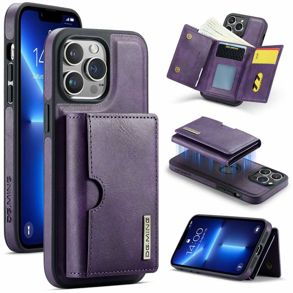 DG.MING M6 Series For iPhone 13 Pro Case Magnetic Wallet PU+PC+TPU Phone Cover - Purple