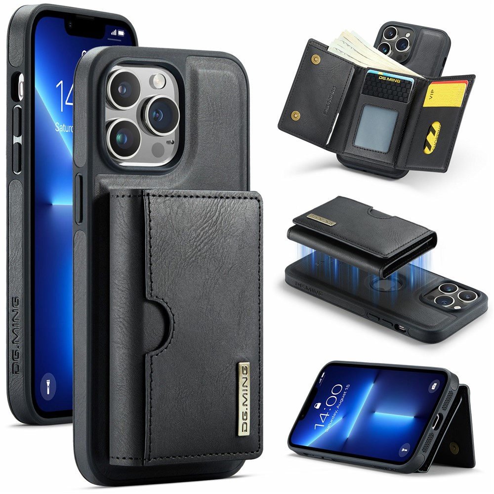 DG.MING M6 Series For iPhone 13 Pro Max Case Magnetic Wallet PU+PC+TPU Phone Cover - Black