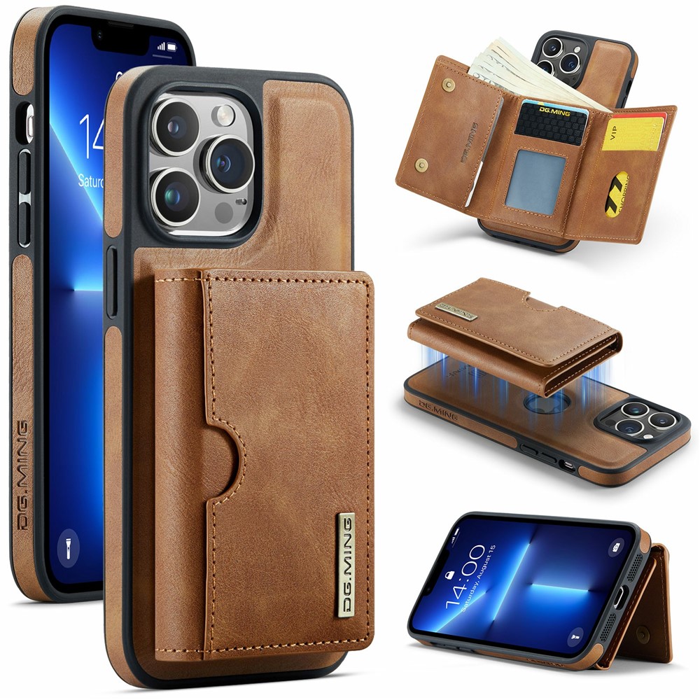 DG.MING M6 Series For iPhone 13 Pro Max Case Magnetic Wallet PU+PC+TPU Phone Cover - Brown