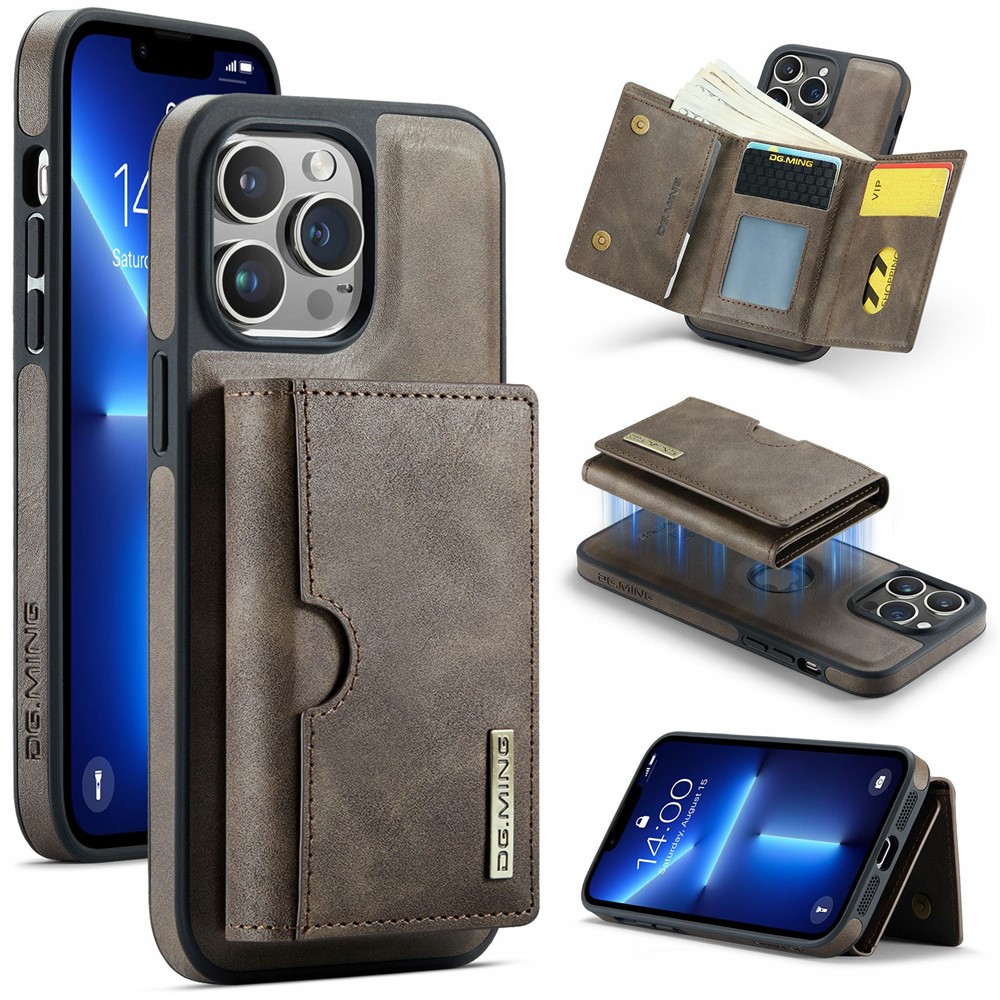 DG.MING M6 Series For iPhone 13 Pro Max Case Magnetic Wallet PU+PC+TPU Phone Cover - Coffee