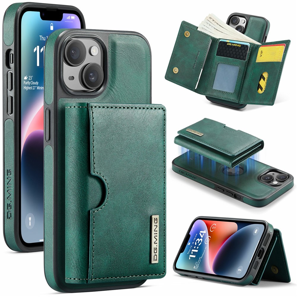 DG.MING M6 Series For iPhone 14 Plus Case Magnetic Wallet PU+PC+TPU Phone Cover - Green