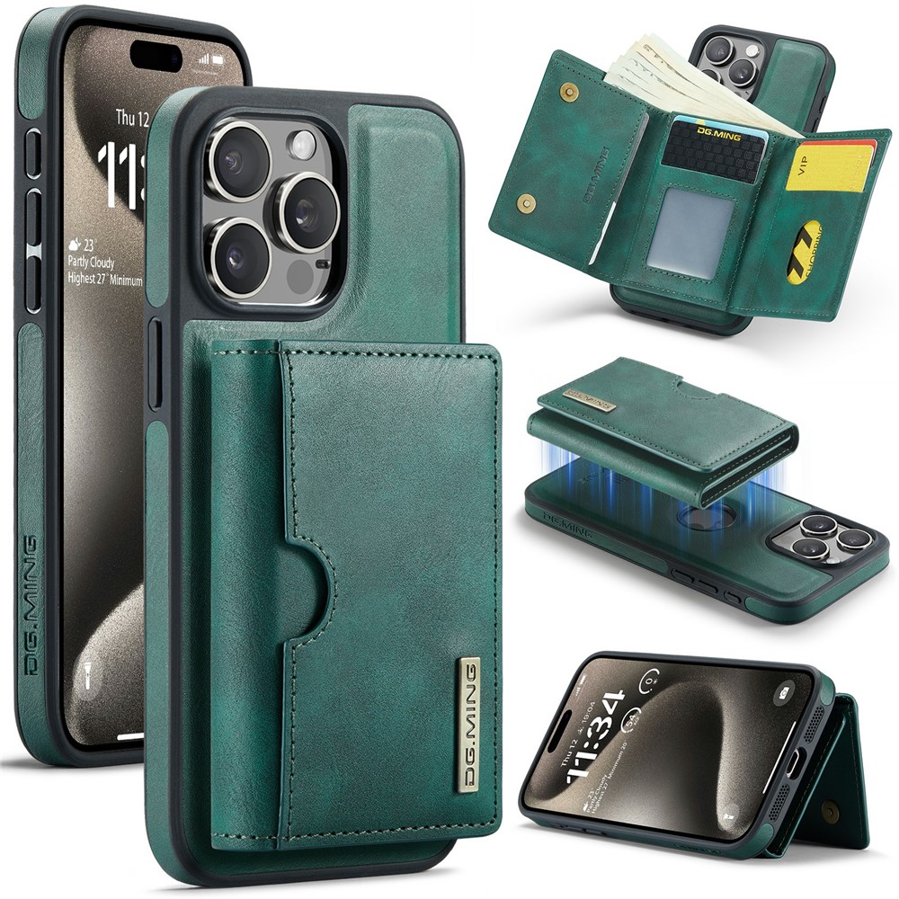 DG.MING M6 Series For iPhone 14 Pro Case Magnetic Wallet PU+PC+TPU Phone Cover - Green